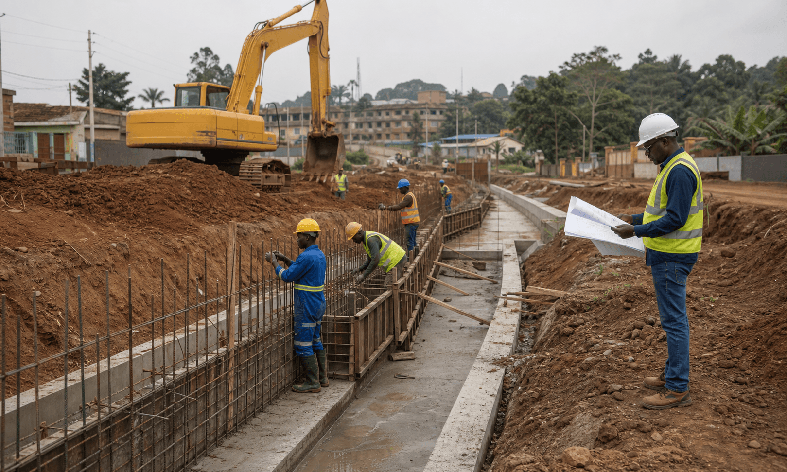 Reinforced drainage works, excavator and active civil workfront.